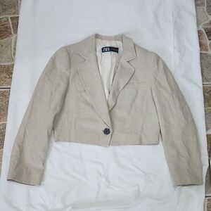 Zara Tan Cropped Blazer with Notched Lapels